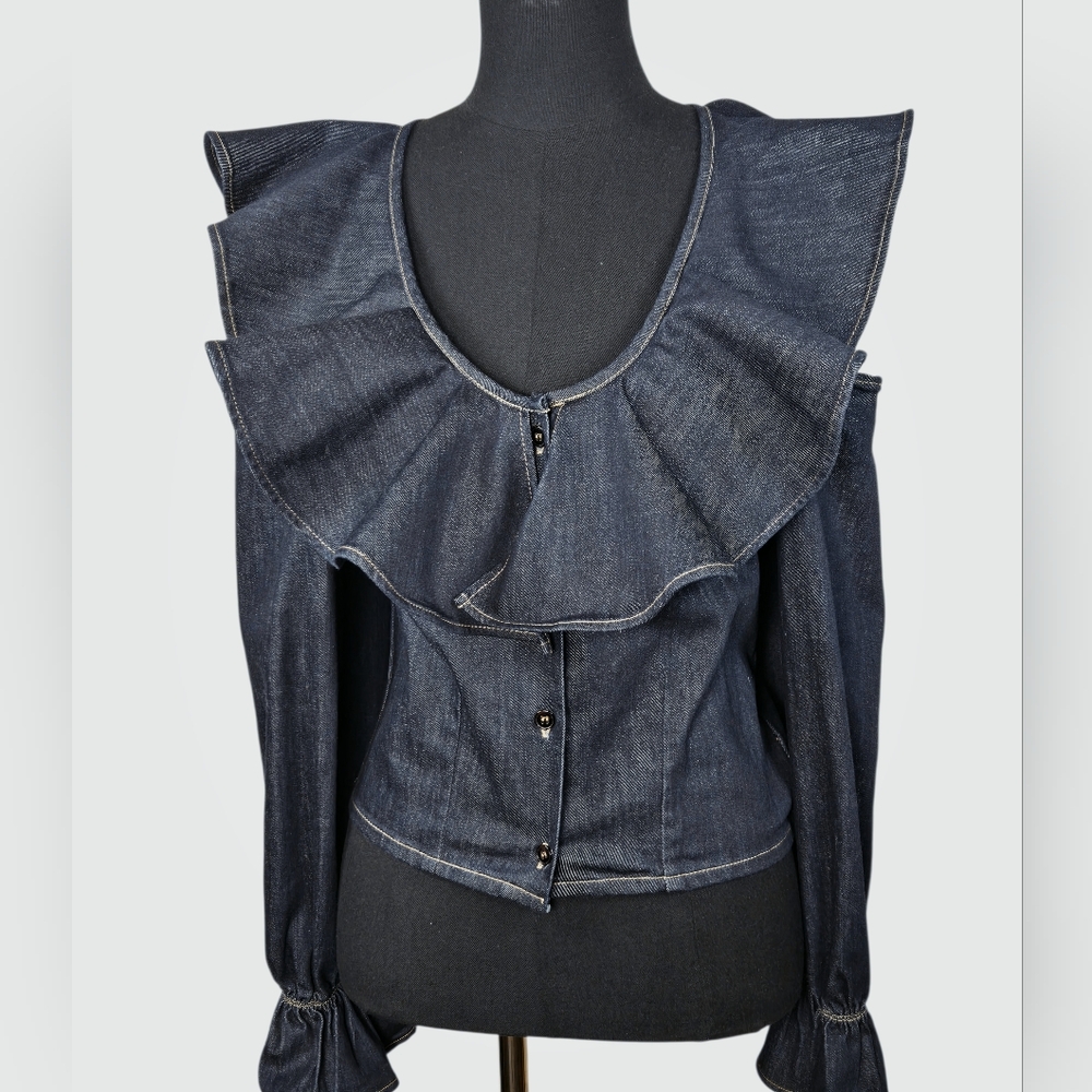 The Attico Ruffle Denim Blouse Scoop Neck Cold Shoulder Made in Italy | US Small - Picture 9 of 11
